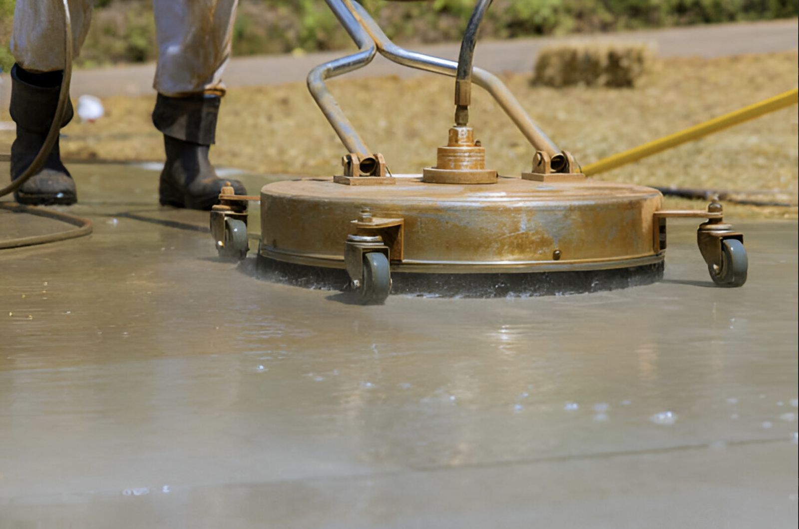 Technician guiding a commercial surface cleaner across a concrete slab